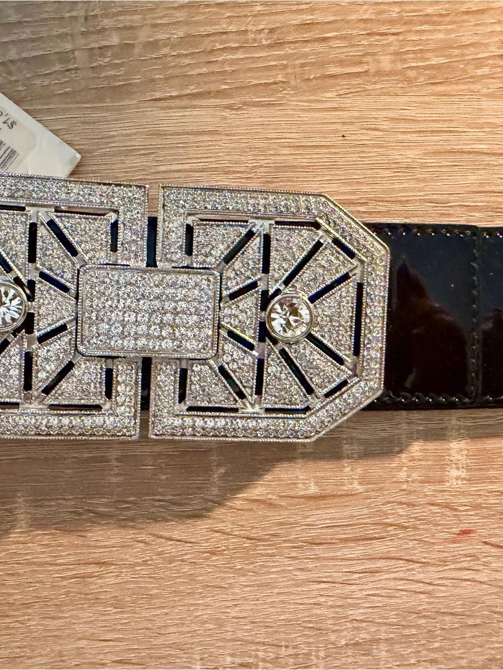 Women’s Black Patent Leather Belt with Silver Crystal Buckle Belt